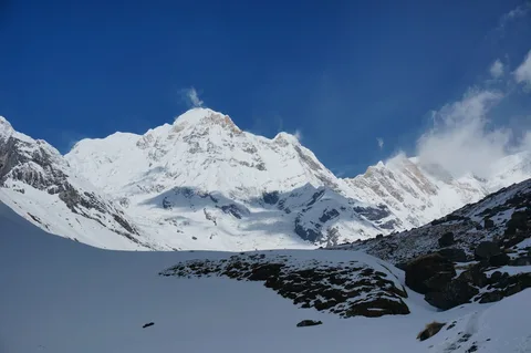 Annapurna Trekking in Nepal | Safari Sutra Holidays Trekkers on the Annapurna trail with Himalayan peaks in Nepal — Nepal trekking packages from India | Safari Sutra Holidays