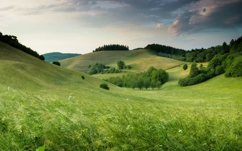 Breathtaking panoramic view of lush green rolling hills and valleys showcasing pristine eco-friendly sustainable travel destinations