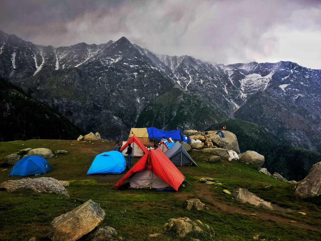 Colorful tents at the Triund campsite set against the dramatic, snow-streaked Dhauladhar mountain range in Himachal Pradesh