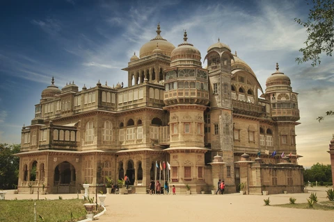The grand facade of the Prag Mahal palace in Bhuj, showcasing its unique blend of Indian and European architectural styles
