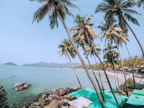 Tropical Goa beach with swaying palm trees, turquoise water, rocky shoreline, and distant beach huts under clear blue skies
