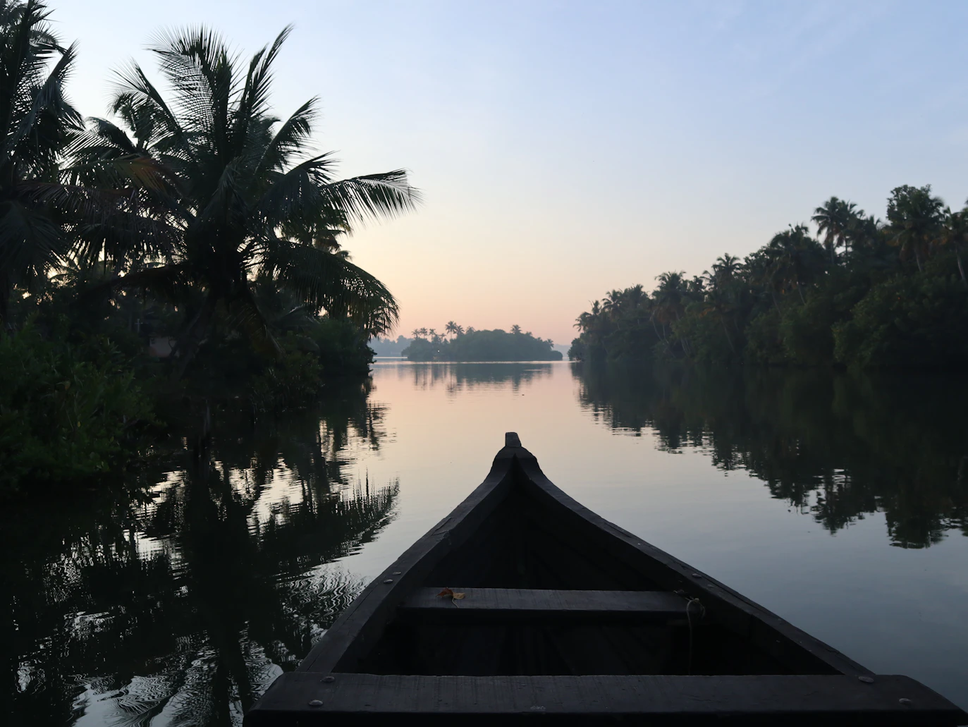 Kumarakom lake at sunrise with still water and coconut palms — Kerala senior tour package India