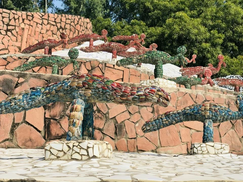 Nek Chand's Rock Garden, Chandigarh Unique sculptures made from colorful recycled glass bangles on display at the famous Rock Garden in Chandigarh