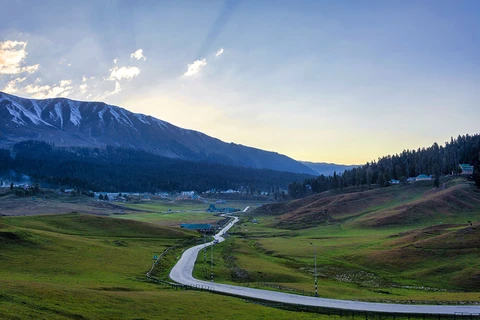 An early morning view of a winding road through the lush green meadows of Gulmarg, with snow-dusted mountains in the background